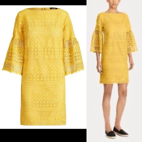 Lauren Ralph Lauren Yellow Bell Sleeve Shift Dress Crochet Lace Scallope… - Picture 3 of 16